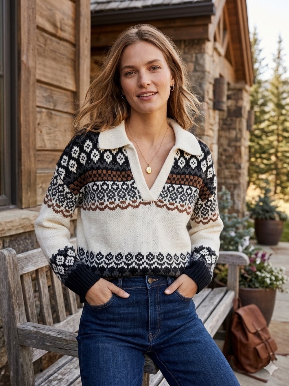 Market & Spruce Cream, Black &‎ Brown Fair Isle V-Neck Sweater